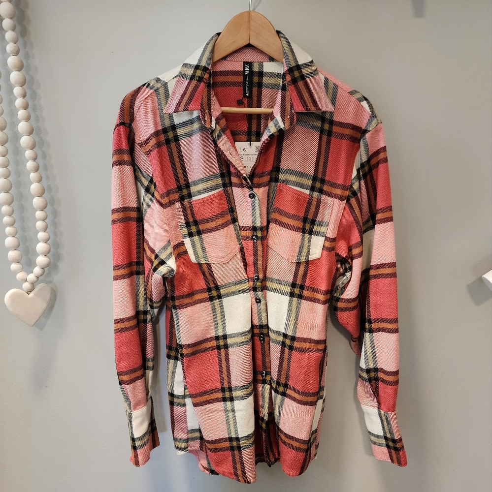 NWT ZARA Pleated Plaid Shirt